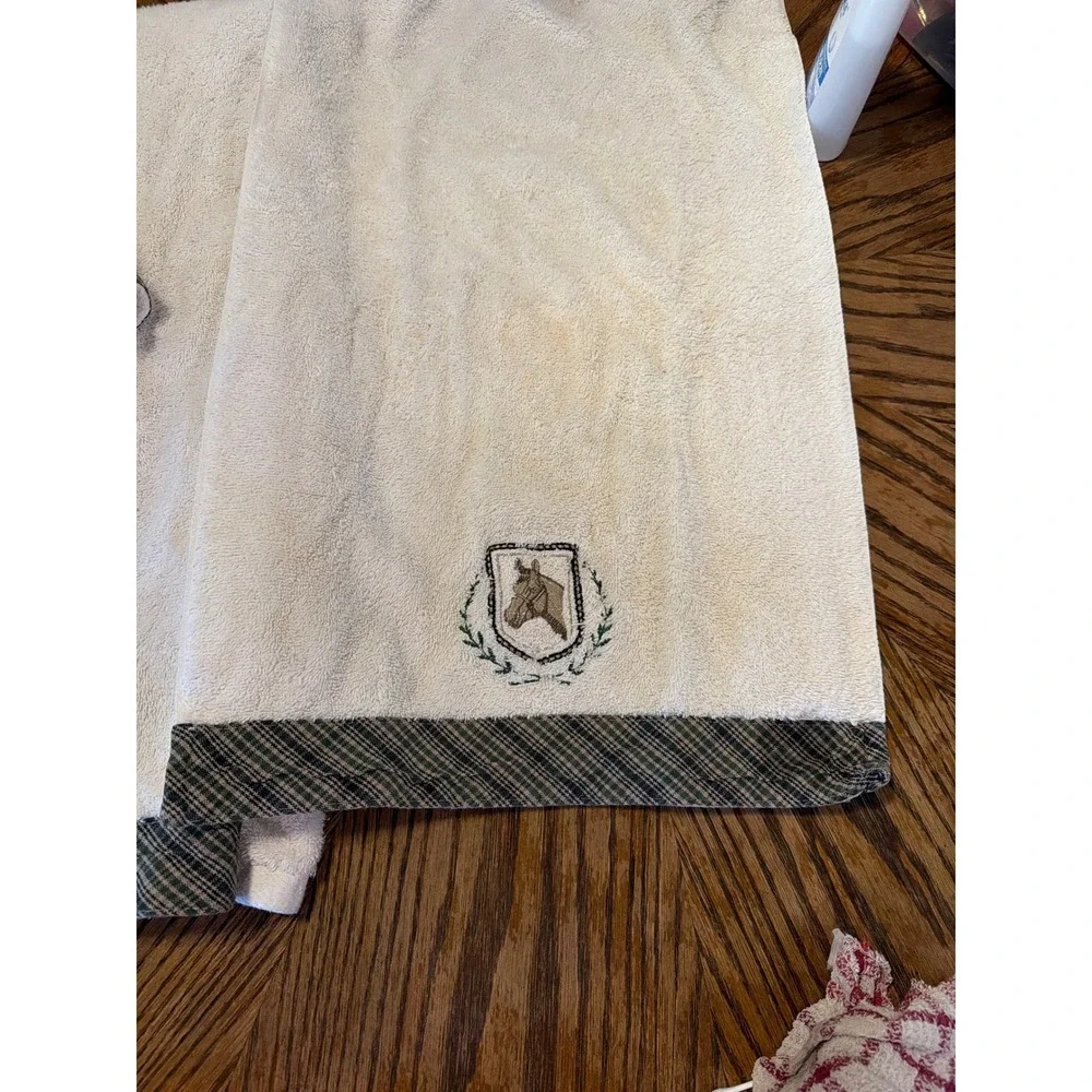 Vintage Equestrian Horse Crest Embroidered Towel Set Cream Plaid 4 Piece